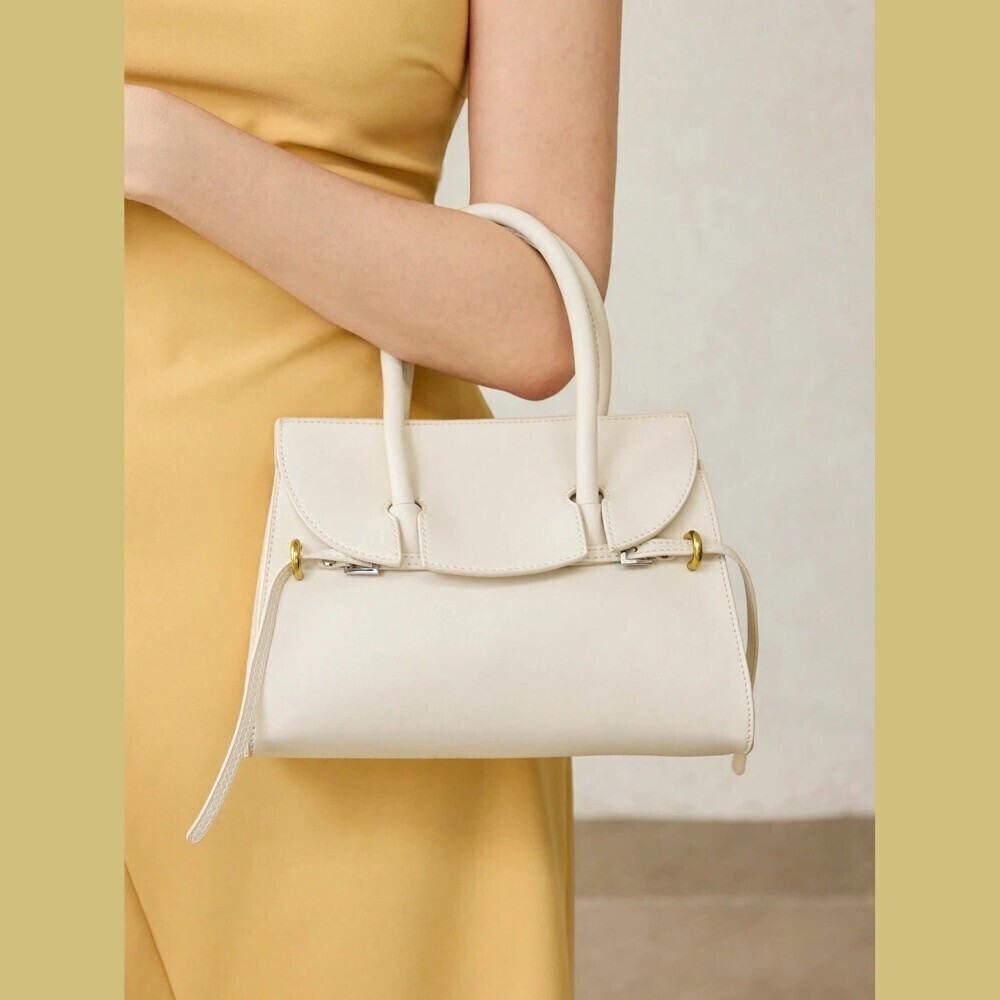Cream Faux Leather Gold Ring Detail Top Handle Satchel Bag